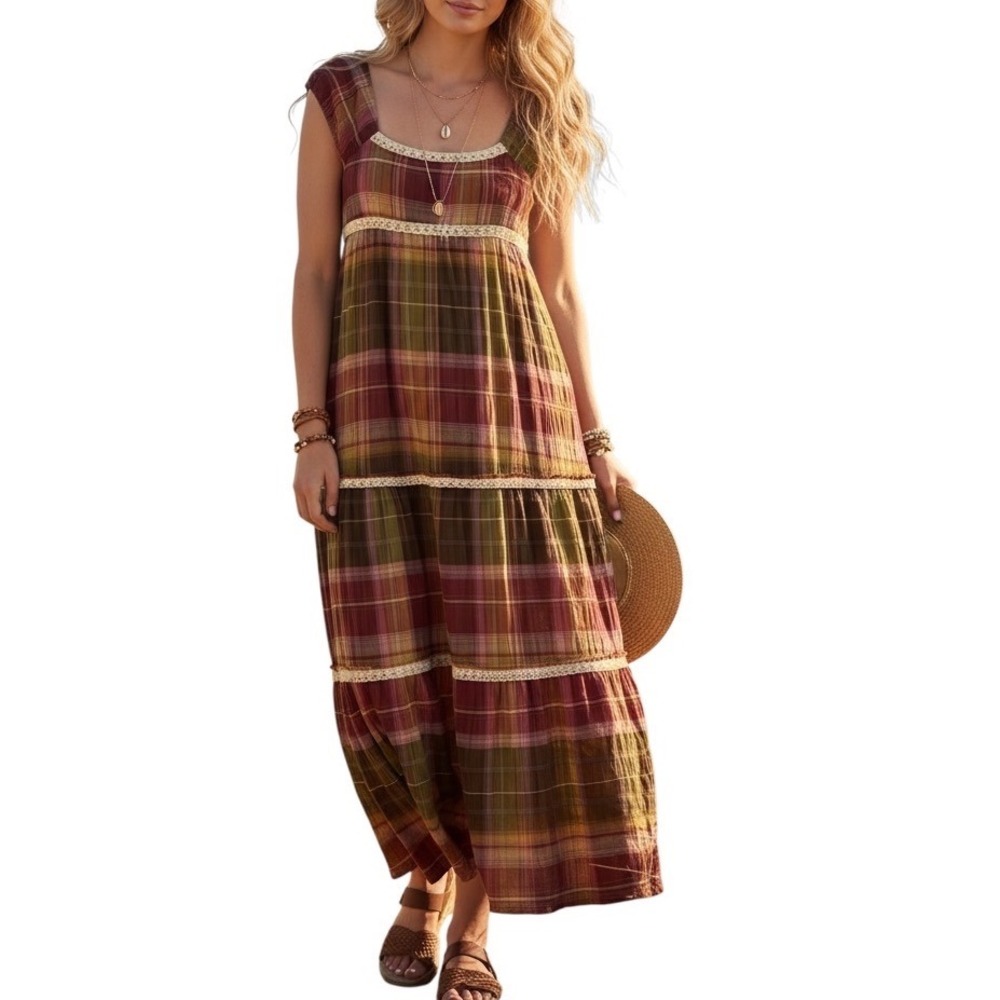 Promod Plaid Maxi Prairie Dress Cottagecore Crochet Lace Trim Boho SZ 14 Western